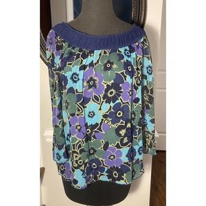Anthropologie Anna Sui Silk Blouse Top Blue Green Floral Sheer 3/4 Sleeves